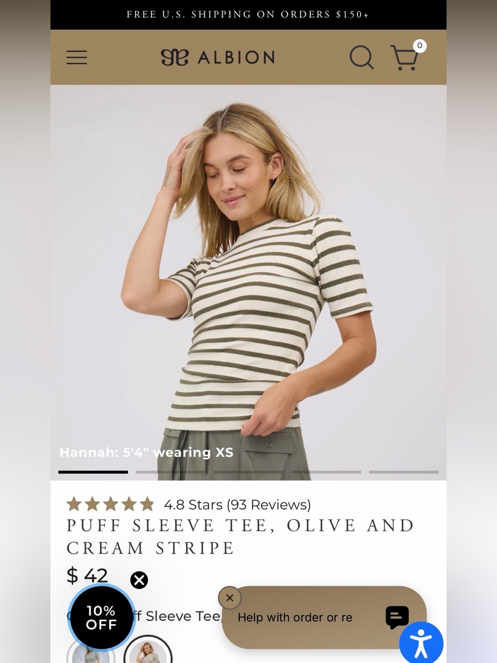 NWT Albion Olive & Cream Striped Puff Sleeve Tee